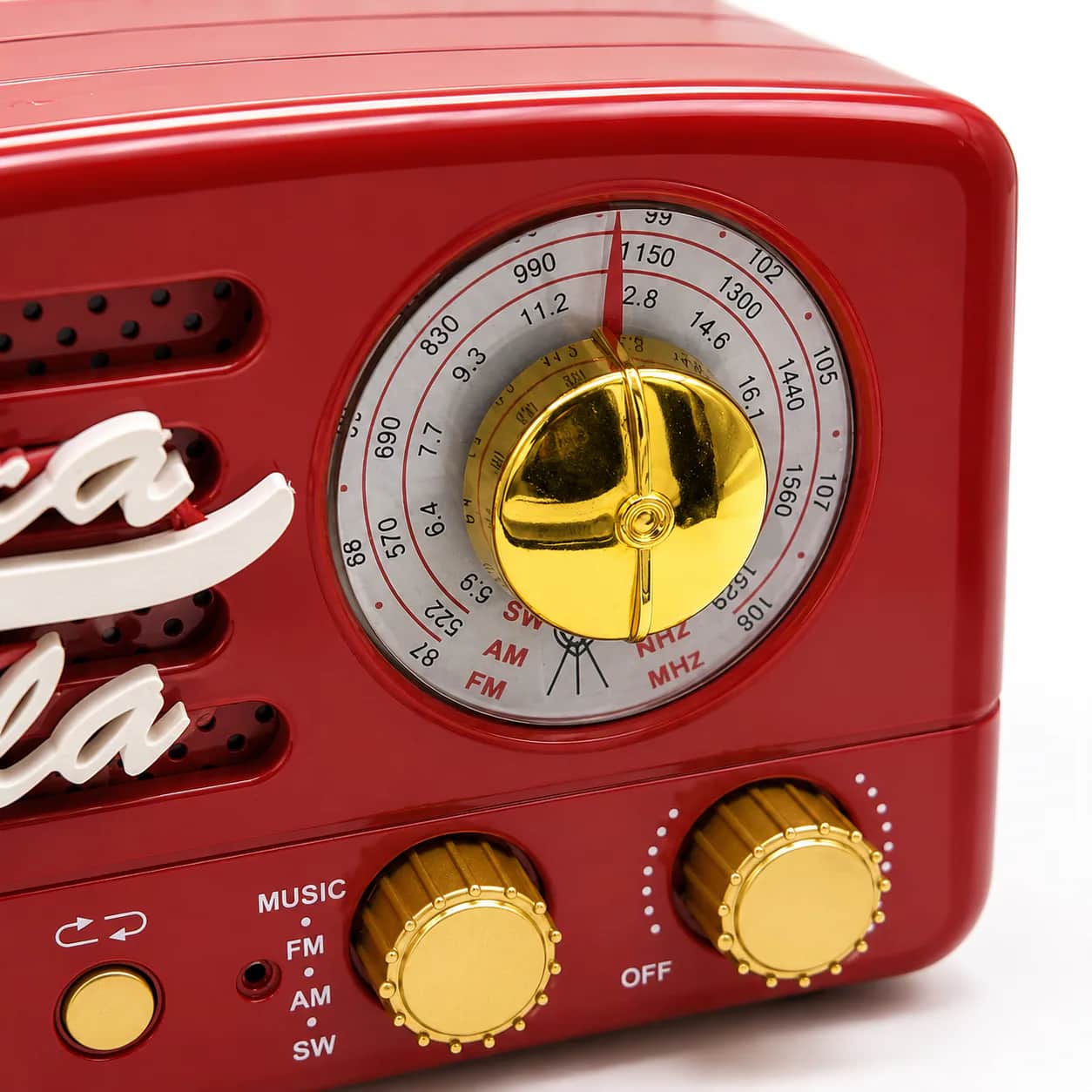 Close-up of the Nuka-Cola Radio tuning dial and front control panel