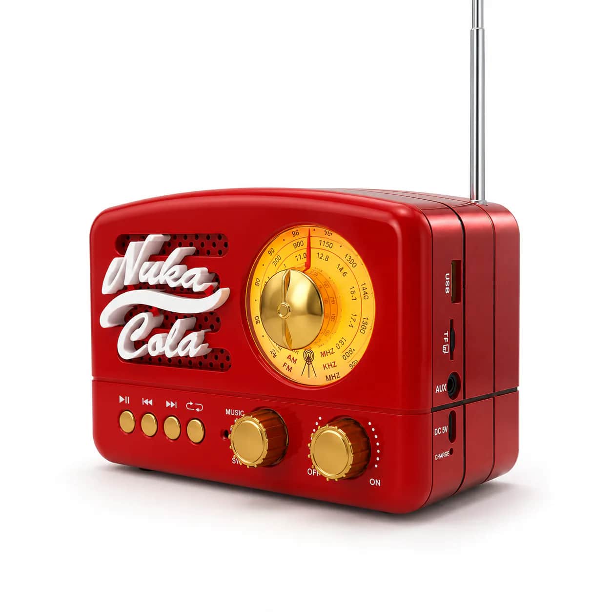 Front view of the Nuka-Cola Radio with logo, speaker grille, tuner dial, buttons, and knobs