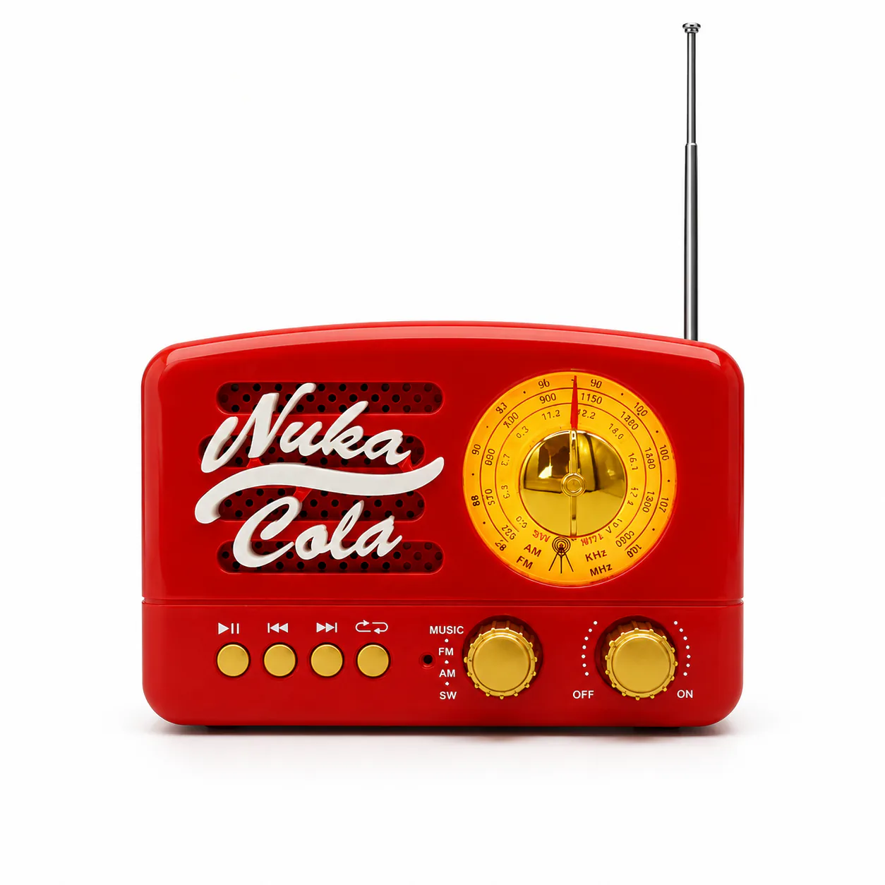 Nuka-Cola Radio product photo showing the red Fallout-inspired retro Bluetooth radio